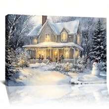 Decoración de arte de pared de lienzo navideño, impresión de pintura de escena de bosque nevado de invierno para decoración de habitación, póster de muñeco de nieve navideño para el hogar, casa campestre navideña