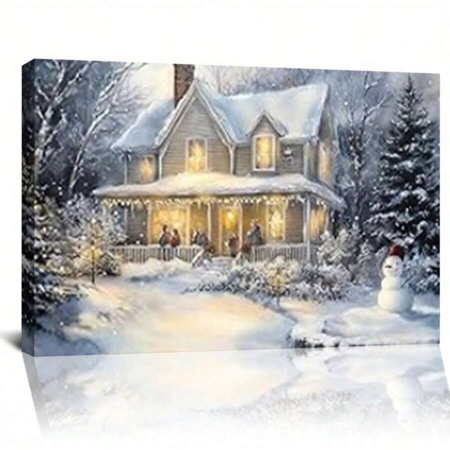 Decoración de arte de pared de lienzo navideño, impresión de pintura de escena de bosque nevado de invierno para decoración de habitación, póster de muñeco de nieve navideño para el hogar, casa campestre navideña