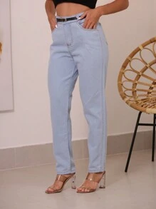 WL Moda Women's Mom Jeans With Belt - Celeste - Ver 3