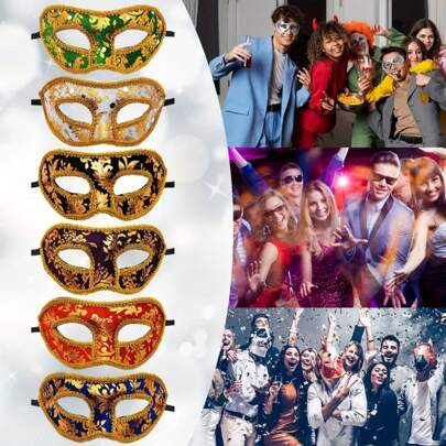 14pcs/12pcs/7pcs/6pcs/1pc Elegant Venetian Masquerade Ball Masks, Shiny Half Face Masks, Perfect For Burlesque, Cosplay And Halloween Party, Carnival And Christmas Party - Adjustable Ribbon Design
