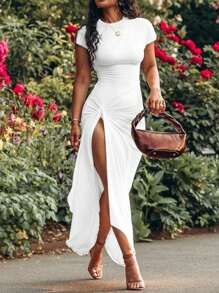 EARO European & American Style Long Women's Dress, Solid Color Twist Knot Side Slit Short Sleeve Bodycon Maxi Dress, Spring/Autumn New Arrivals, American Vacation Vibe, Everyday Casual Chic, Comfortable Stretchy Fitted Unique Elegant Slimming A-Line Dress - 白色 - 查看 1