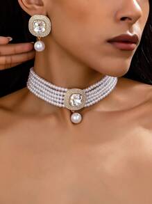 1 Pezzo di Gioielleria Elegante e Alla Moda, Set di Collana Choker Multistrato Finta Perla e 1 Paio di Orecchini a Goccia in Strass e Finta Perla, Perfetto per Banchetti, Feste, San Valentino, Abbinamento Abiti - Bianco - Visualizzare 1