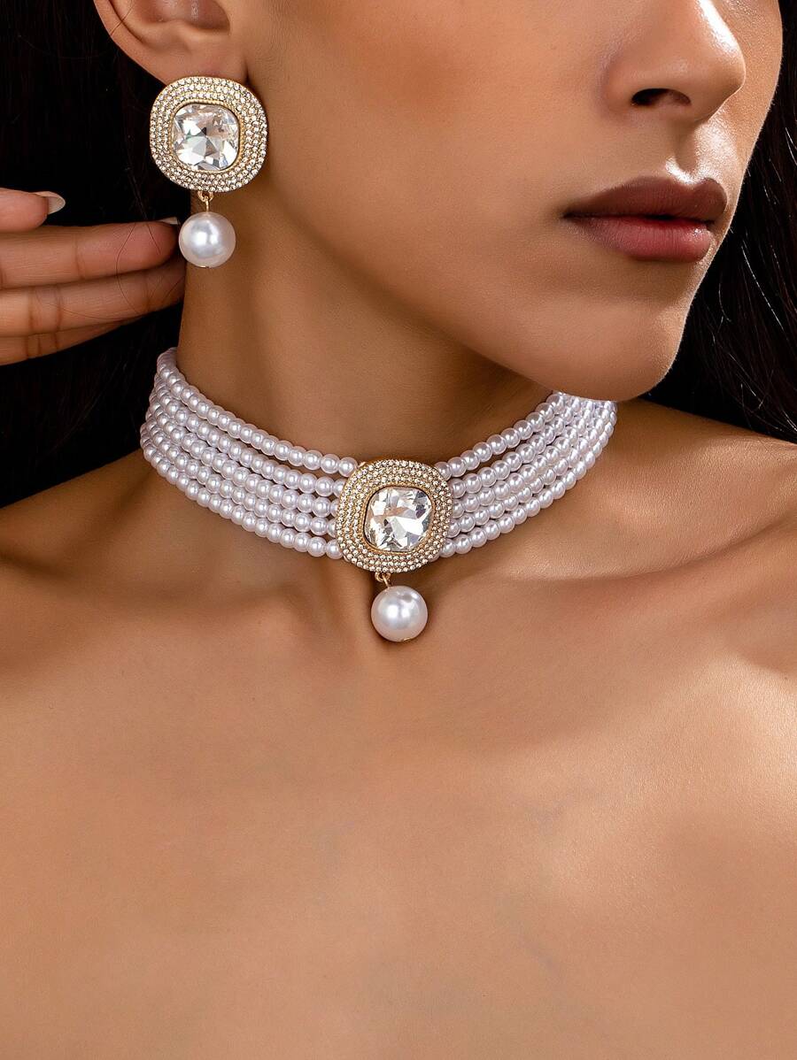 1 Pezzo di Gioielleria Elegante e Alla Moda, Set di Collana Choker Multistrato Finta Perla e 1 Paio di Orecchini a Goccia in Strass e Finta Perla, Perfetto per Banchetti, Feste, San Valentino, Abbinamento Abiti - Bianco - Visualizzare 1