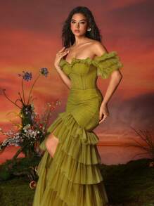 VIPGIRL 复古芥末黄露肩褶皱高低摆连衣裙，多层雪纺裙摆，收腰设计，优雅女士派对礼服，婚礼宾客礼服，正式礼服，晚礼服