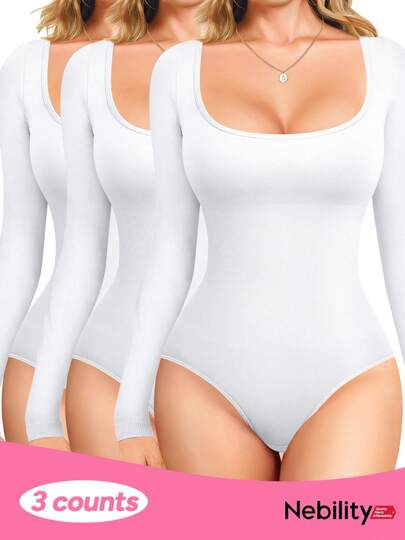 Nebility 3-Pack Long Sleeve Bodysuit Tummy Control Shapewear Square Neck Body Suits For Womens Slim Fit