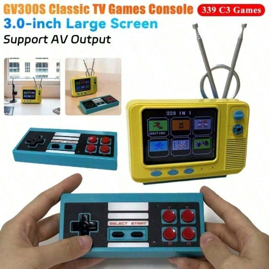 Retro Gaming Console GV300S Mini TV Style With Handle And AV Output - 3.0 Inch Screen, Christmas Gift - 黃色 - 查看 1