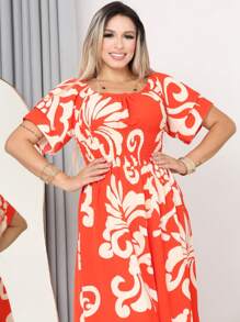 WOMEN'S LONG MIDI DRESS WITH PUFFED SLEEVES AND RUFFLES, OFF-THE-SHOULDER, TRES MARIAS - Coral Pink - View 2