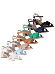 Takata Sandálias Femininas Salto Baixo Bloco Fivela Tiras Cruzadas Confortável Moda Tendencia Elegante - Azul Marinho - Visão 10