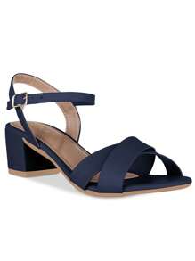 Takata Sandálias Femininas Salto Baixo Bloco Fivela Tiras Cruzadas Confortável Moda Tendencia Elegante - Azul Marinho - Visão 2
