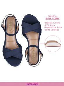 Takata Sandálias Femininas Salto Baixo Bloco Fivela Tiras Cruzadas Confortável Moda Tendencia Elegante - Azul Marinho - Visão 5