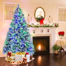 7' Pre-Lit Snow Flocked Christmas Tree Hinged Xmas Tree W/ 8 Modes 320 Lights - Green/White - View 4