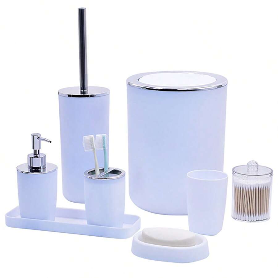 8 Pieces, Plastic Luxury Bathroom Accessories, Soap Dispenser, Soap Dish, Toilet Brush Holder, Toothbrush Holder, Cup, Vanity Tray, Qtip Dispenser, Birthday, Housewarming, Holiday Gift Set, Christmas Gift Set, (White, Black And Grey) Home Bathroom Decor Fall Decor Back To School - Multicolor - View 1