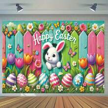 1pc New Year Easter Bunny & Egg Fence Design Painting Background Cloth, Easter Party Backdrop Banner, 70.9*90.5 Inches, Universal Decorative Wall Hanging, For Easter Party Decoration