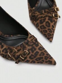 2025春秋新款女士豹纹高跟鞋，尖头后跟系带小猫跟搭扣礼服鞋，优雅派对鞋 - 棕色 - 查看 4