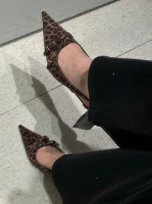 2025春秋新款女士豹纹高跟鞋，尖头后跟系带小猫跟搭扣礼服鞋，优雅派对鞋 - 棕色 - 查看 7