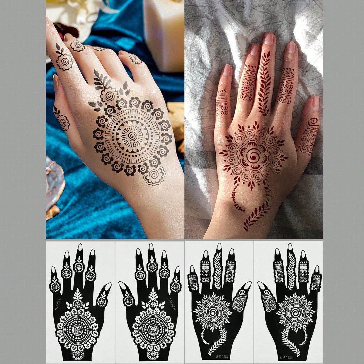 4 Sheets Reusable Flower Tattoo Stencils Temporary Tattoo Sticker Body Art Tattoos Stencils Sticker Glitter Tattoo Template For Hand Body Art Mehndi Designs