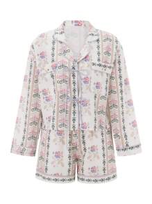 Women's 2 Piece Pajamas Sets Casual Outfits Long Sleeve Oversized Tie Front Shirt Floral/Stripe Print Tops Wide Leg Shorts Sets Loungewear Homewear Sleepwear Summer Clothes - 白色 - 查看 3