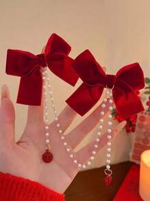 1pc Kids Burgundy Velvet Bow Hair Clip With Pearl Chain, Girls' Holiday And Festive Hair Accessory For New Year, Christmas