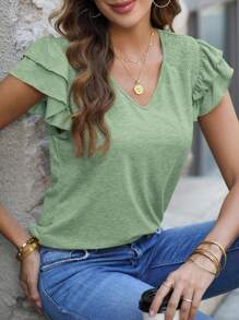 Women's Summer Basic Knit Top Casual Ruffled Short Sleeve V-Neck T-Shirt Shirt - Green - View 2