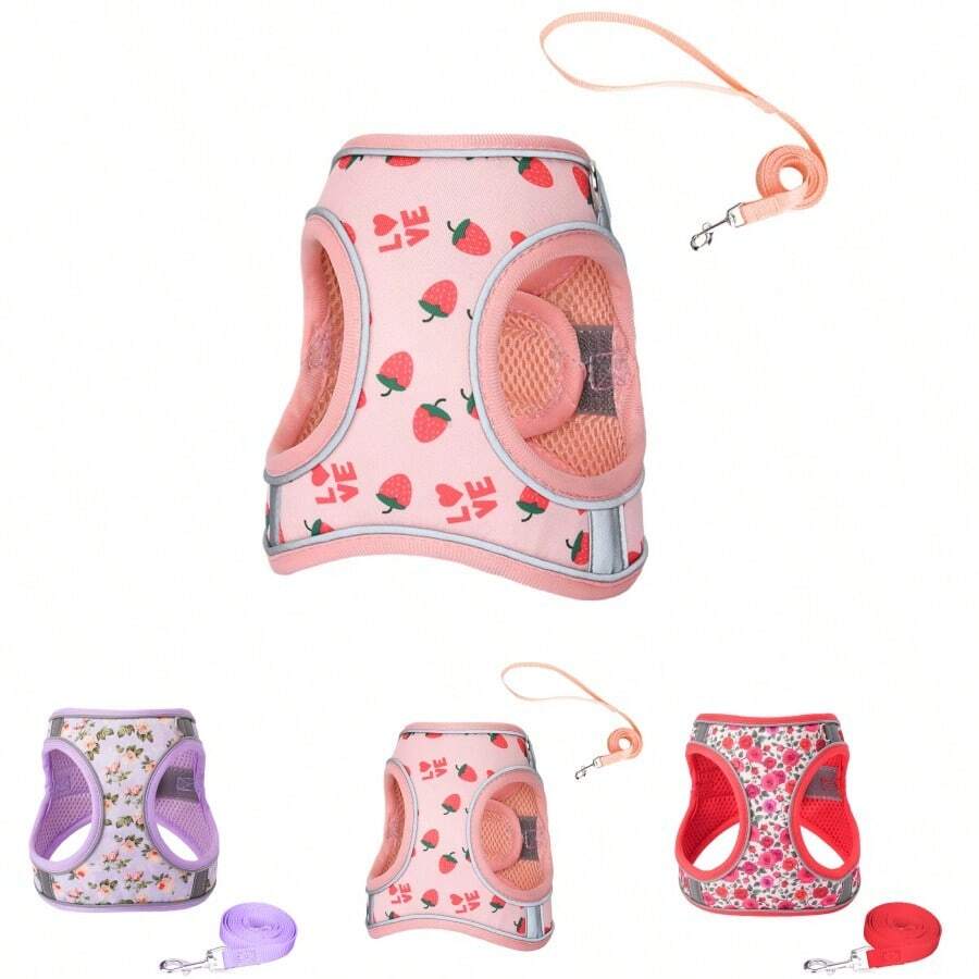 印花狗背带和牵引绳套装，狗胸背带，适合训练散步，透气可调节宠物背心，适合中小型犬和猫