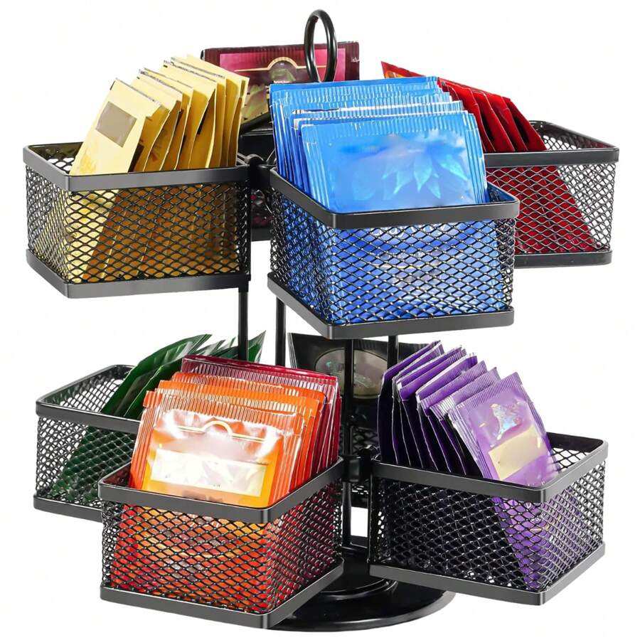Tea Bag Organizer Storage Holder 360-Degrees Spinning Carousel, 8 Compartments TeaBags Display Rack With Lazy Susan Platform For Kitchen Home Office Coffee Bar Counter -Black - 8 Fächer - View 1