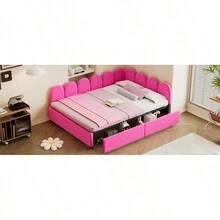 Sofá cama tapizado de tamaño completo con 2 cajones, cabecero de tela suave, sin necesidad de somier, color rojo rosa