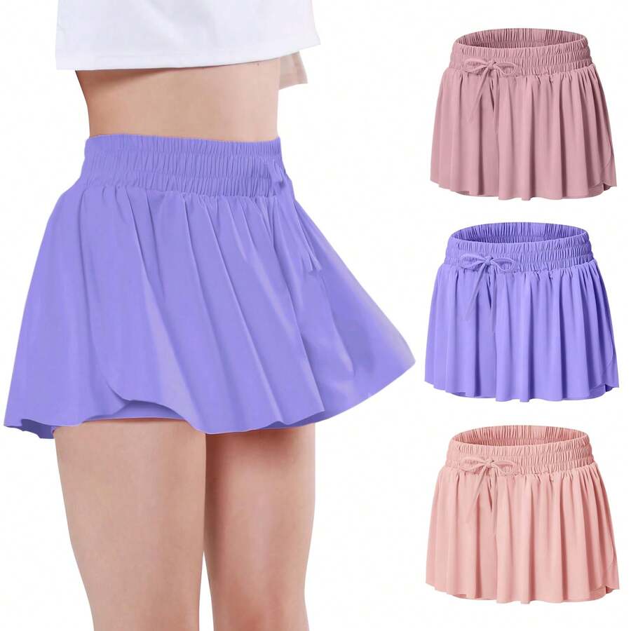 EXARUS Girls Butterfly Shorts Flowy Dance Athletic 2 In 1 Cheer Skorts Flutter Skirt Running Preppy Clothes Kids 6-14Y - BỘ 3 - Xem 1