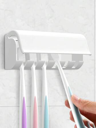 1pc 6 Slots Wallmount Toothbrush Holder, RV Cabinet Organizer Box With Cover For Shower Plastic Self-Adhesive Tooth Brush Hanger For Bathroom Organizer Home Organizer. Home Bathroom Decor Fall Decor Back To School