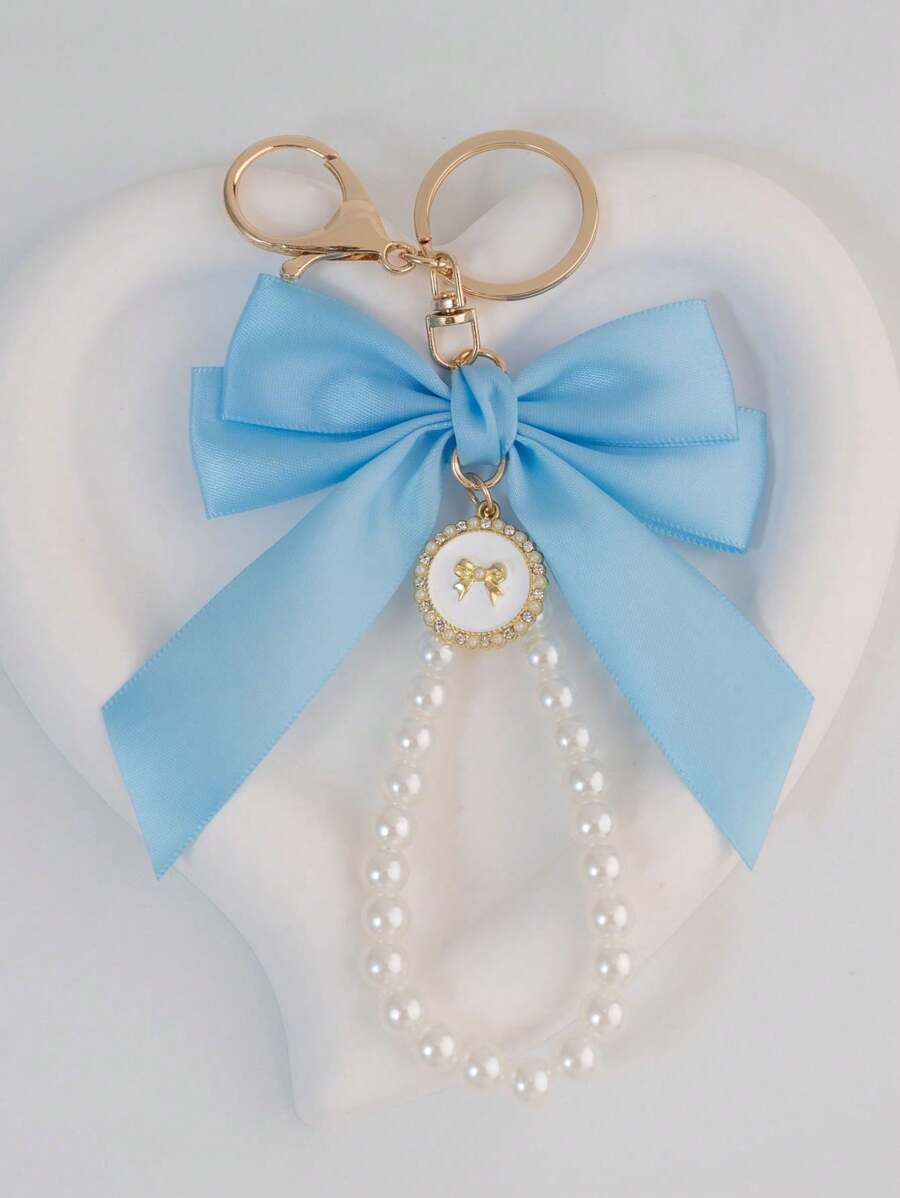 Faux Pearl Bow Mobile Phone Keychain Versatile Bag Accessory Bows Valentines - Blue - View 1