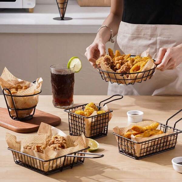 1pc Metal Bread Basket, Snack Basket For Fried Chicken, Fried Food Plate, Popcorn Bowl, French Fry Holder, Mini Fried Potato Basket, Fried Chicken Snack Plate, Wing Fry Snack Basket Food Container For Serving Fast Food, Fruit, Hamburgers, Potatoes