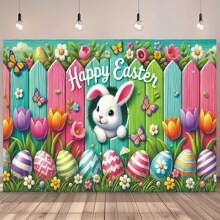 1pc New Year Easter Bunny & Egg Fence Design Painting Background Cloth, Easter Party Backdrop Banner, 70.9*90.5 Inches, Universal Decorative Wall Hanging, For Easter Party Decoration