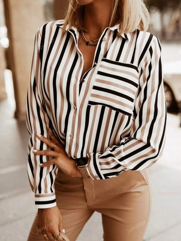 Women's Versatile Simple Stripe Print V-Neck Blouse For Autumn