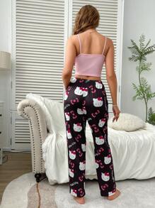 Sanrio [WONDER WORLD]2pcs Hello Kitty Print Women Camisole Crop Top + Elastic Waist Straight Pants Cute Pajama Set - Pink - View 5