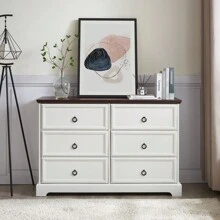 Modern Farmhouse 6-Drawer Chest Of Drawers For Bedroom, Wooden Bedroom Drawer Dresser With 6 Storage Drawers,6 Drawer Dresser Chests For Bedroom White