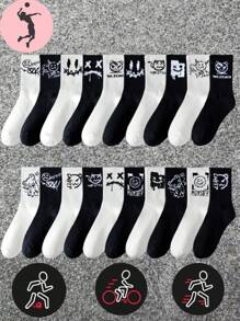 1/3/6/8 Pairs Mixed Black & White Graffiti Design Mid-Calf Socks For Men, Suitable For Casual, Outdoor, And Sports Wear