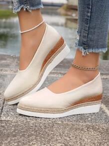 新款春夏时尚女鞋，尖头粗跟撞色绳底一脚蹬休闲乐福鞋，舒适多场景坡跟平底鞋 - 米色 - 查看 4