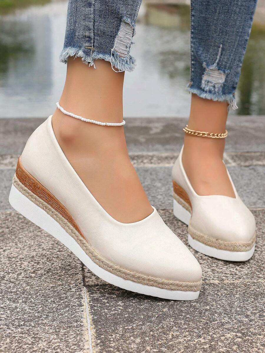 新款春夏时尚女鞋，尖头粗跟撞色绳底一脚蹬休闲乐福鞋，舒适多场景坡跟平底鞋 - 米色 - 查看 1