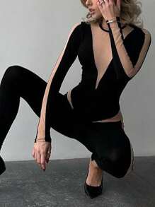 Stijlvolle doorzichtige mesh-jumpsuit met ronde hals en lange mouwen - Zwart - Bekijken 3