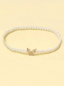 1pc Elegant Minimalist Woven Pearl Waist Belt With Butterfly Buckle, Suitable For Women, Spring