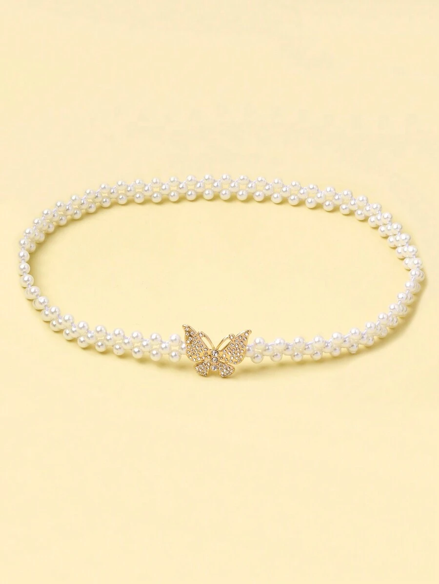 1pc Elegant Minimalist Woven Pearl Waist Belt With Butterfly Buckle, Suitable For Women, Spring