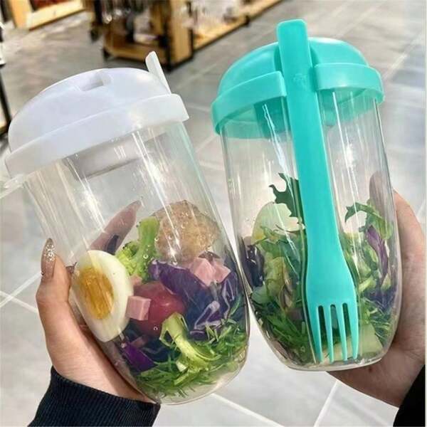 1pc/Set Salad Dressing Cup With Fork - High Refractive Plastic, Portable Salad Sauce Container, Suitable For Picnic, Lunch, Breakfast, Kitchen Tool, Back To School Supplies