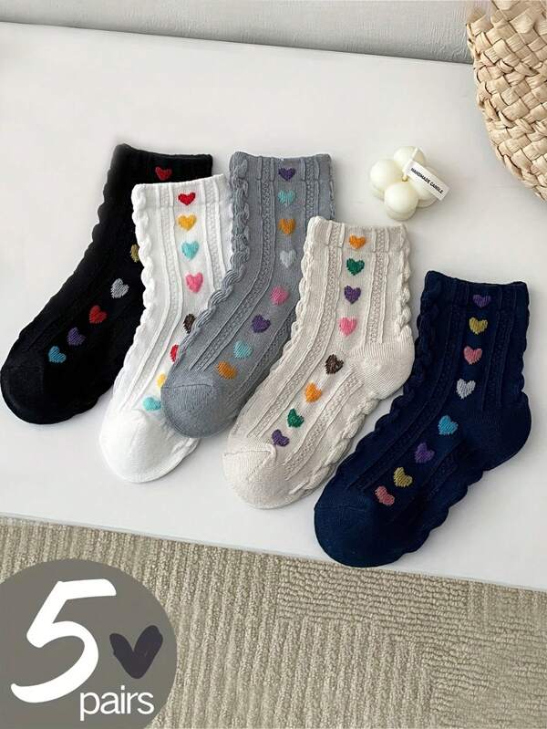 5 Pairs Kids Kawaii Heart Style Colorful Casual Crew Socks