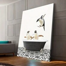 Canvas Poster, Penguins In Vintage Bathtub, Black And White Bath Style,   By  Wall Art For Living Room, Wall Decor For Bedroom, Home Decor Room Decor - Framed - View 4