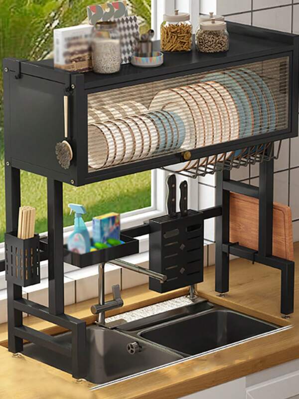 1pc - Kitchen Storage Rack With Cabinet Door, Sink And Bowl Rack Organizer, Multifunctional Countertop Drainage Rack, Kitchen Sink And Countertop Dustproof Storage, Kitchen Utensils And Bowl Rack
