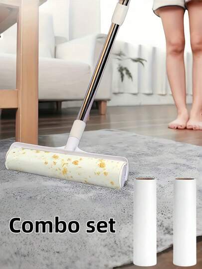 Floor Lint Roller With Refills,Wide Lint Remover Roller For Pet,Carpet Cleaning Lint Roller, Lint Remover, Long Handle Sticky Mop [120 Sheets/3 Refills], 9.45Inch /24cm Long And 1.5 Inch /3.8cm Diameter, For Cleaning Carpets, Floor,Couch Bed, Cars, Clothing, And Pet Hair