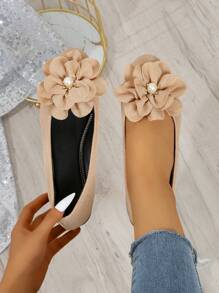 圆头仿珍珠和铆钉装饰花卉坡跟休闲一脚蹬女鞋，春/夏/秋季 - 杏色 - 查看 6