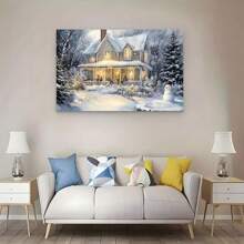 Decoración de arte de pared de lienzo navideño, impresión de pintura de escena de bosque nevado de invierno para decoración de habitación, póster de muñeco de nieve navideño para el hogar, casa campestre navideña