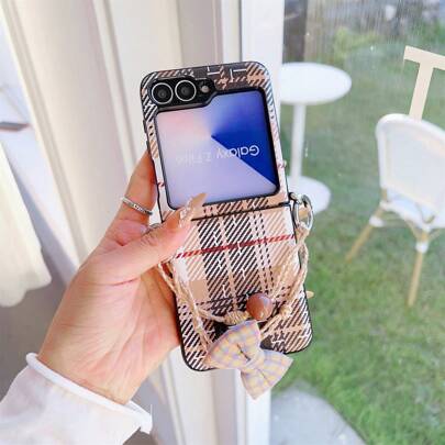 Patchwork Rhombus Foldable Cover Phone Case, Matching Bow Handbag, Flip Folio Full Body Phone Pouch, Luxury Fashion Business Style For Women, Compatible With Samsung Galaxy Z Flip3/Flip4/Flip5/Flip6