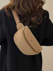 1pc Fluffy Small Crossbody Bag/Fanny Pack, Solid Color, Women - Brown - View 2