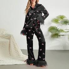 Women 2 Piece Lounge Set Heart Printed Long Sleeve Button Down Shirt And Pants Feather Trim Pajamas Sleepwear Set Women Feather Pajamas Silk Satin Lounge Sets Long Sleeve Button Down Shirts And Pants 2 Piece Pj Set - 黑色 - 查看 3